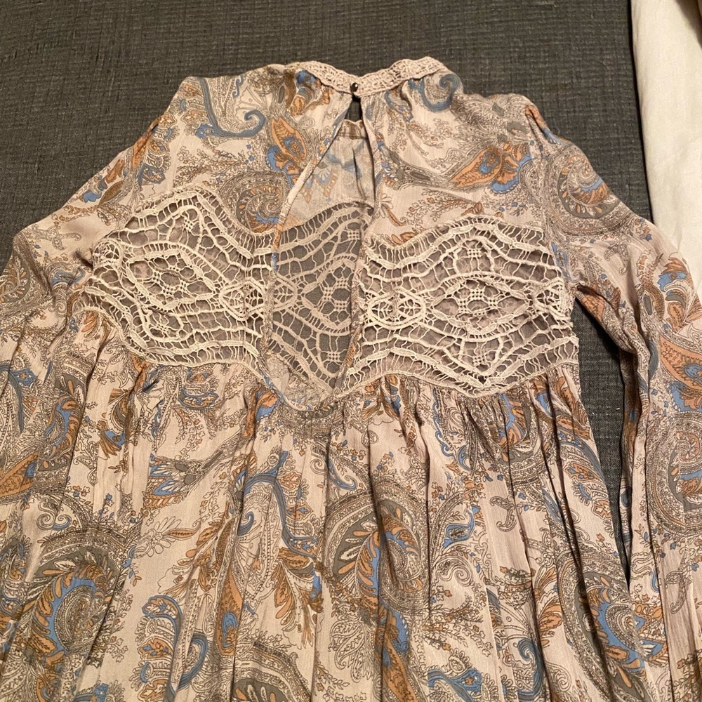 Free People Paisley Long Sleeve Top - Cream, Blue, Brown